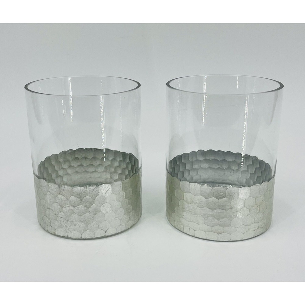 Zodax Glass Pillar Candle Holders Vases Hammered Silver Centerpieces Pair of 2